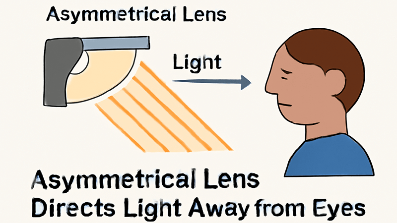 A diagram showing how an asymmetrical lens directs light away from a person's eyes.