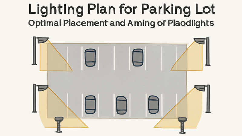 A lighting plan for a parking lot showing optimal placement and aiming of floodlights.