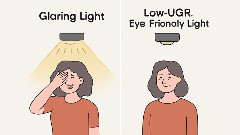 A side-by-side comparison of a glaring light and a low-UGR, eye-friendly light.