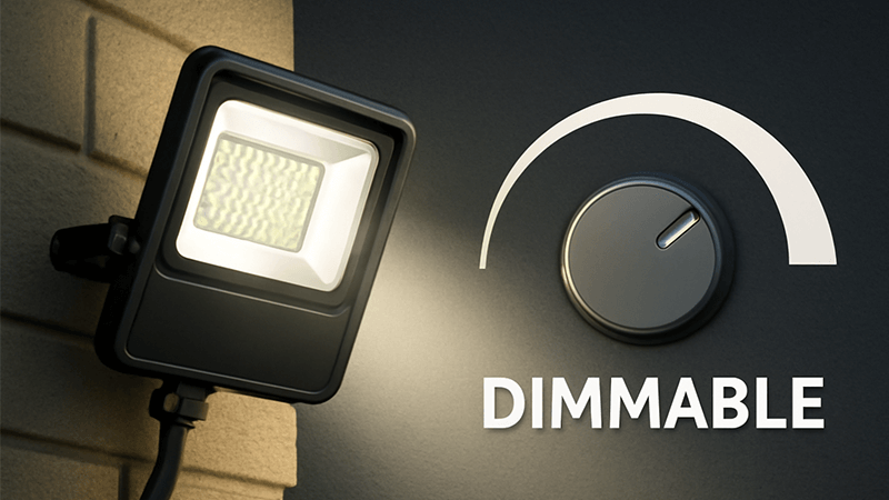 A dimmable LED floodlight with a control knob showing variable brightness.