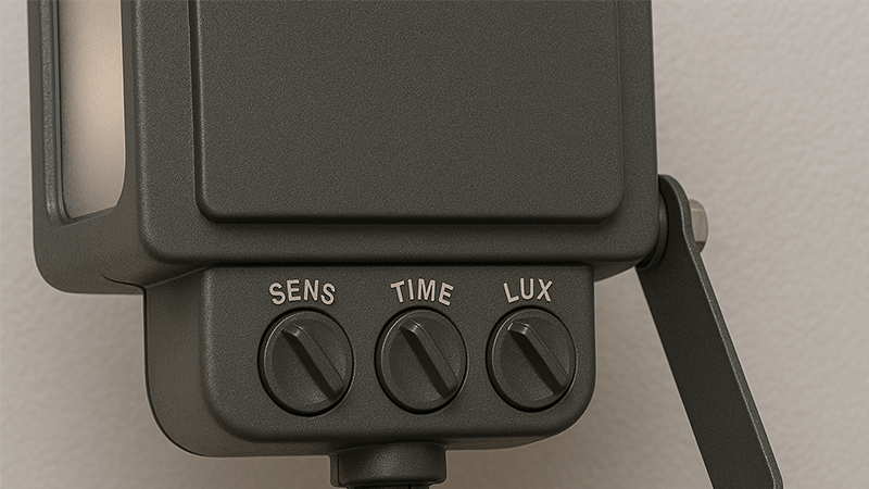 Motion Sensor Adjustment Dials on a Floodlight