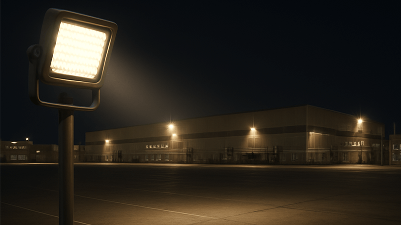 An LED floodlight mounted on a pole, illuminating a large industrial area