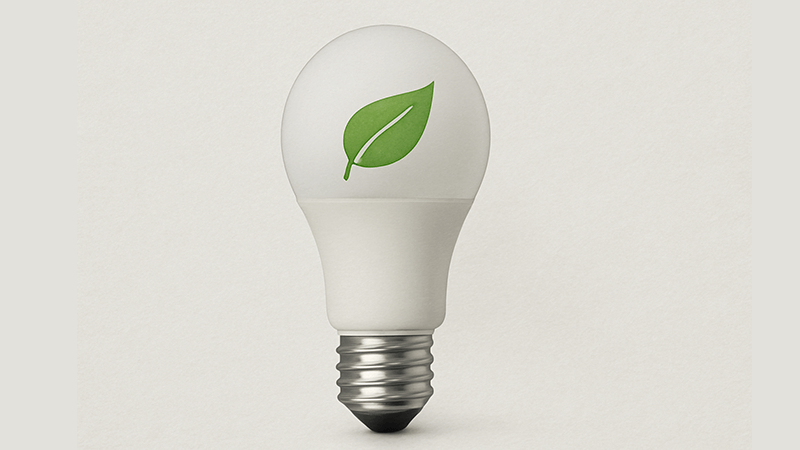 An LED bulb with a green leaf icon, symbolizing its environmental benefits