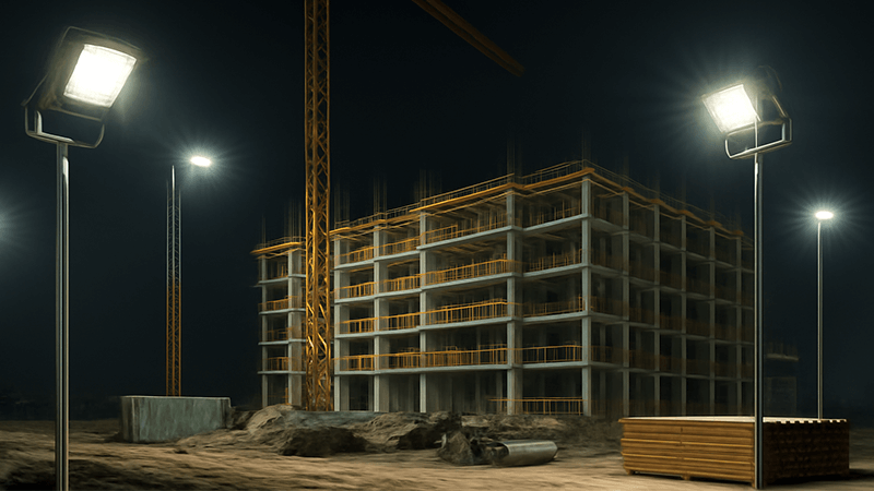 LED floodlights illuminating a construction site at night