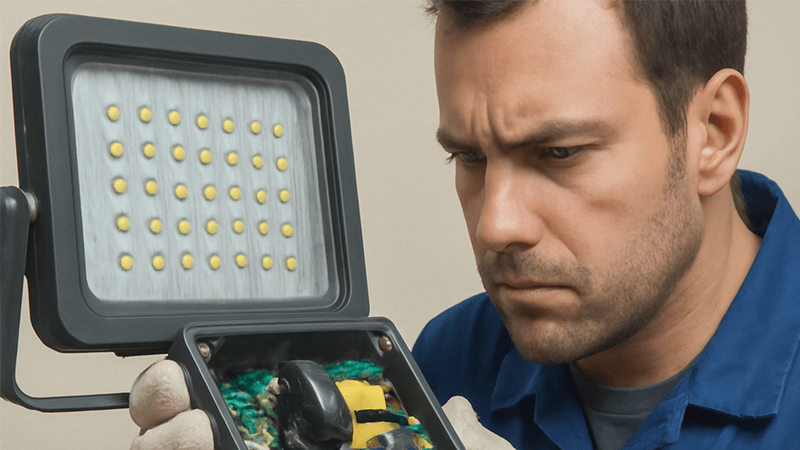 A technician inspecting a failed LED floodlight driver