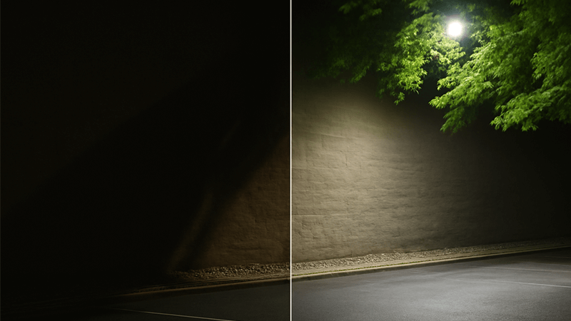 Example of a poorly lit area with harsh shadows next to a well-lit one