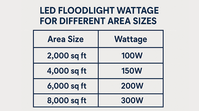 Chart showing LED floodlight wattage for different area sizes