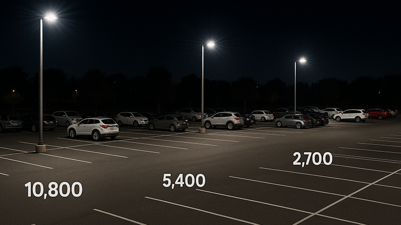 Brightly lit outdoor parking lot showing lumen levels