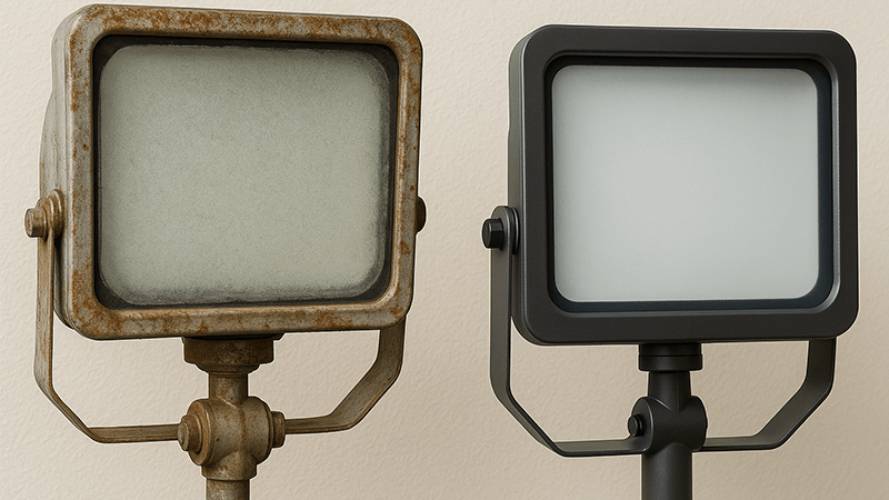Corroded floodlight next to a new one
