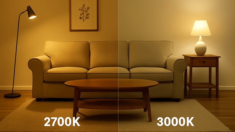 Side-by-side comparison showing a room lit with 2700K and 3000K light