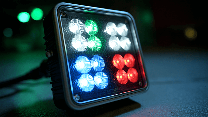 RGBW Floodlight Color Mixing A close-up of an RGBW LED floodlight showing the red, green, blue, and white diodes.