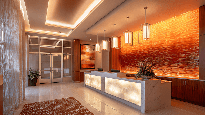 Architectural Lighting with Color A hotel lobby with warm, amber lighting on the walls and cooler, white light over the reception desk.