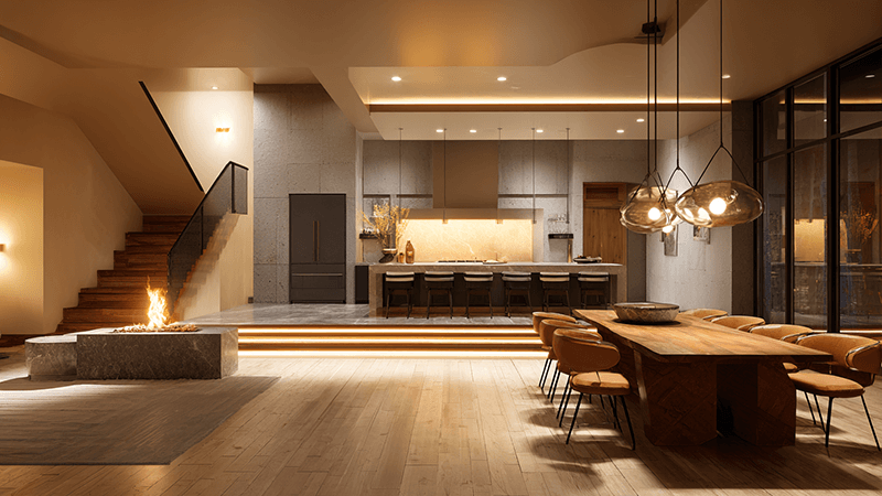 A modern interior showing ambient, task, and accent lighting working together