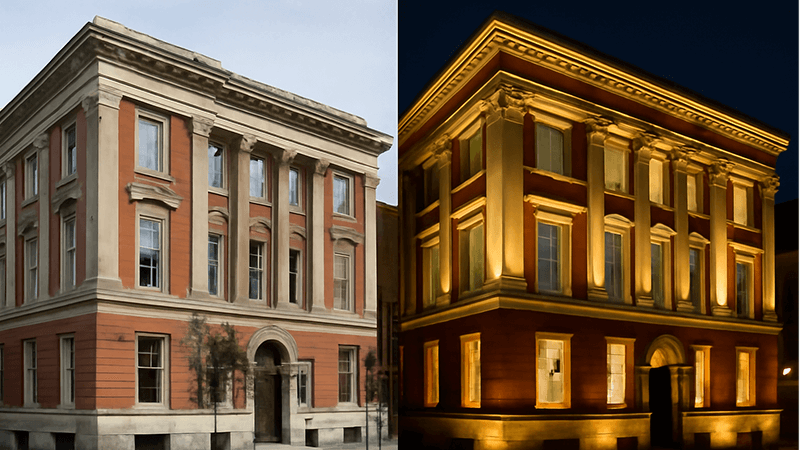 A side-by-side comparison of a building during the day and beautifully lit at night
