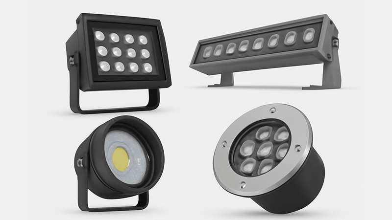 A collection of different architectural light fixtures like floodlights, wall washers, and inground lights
