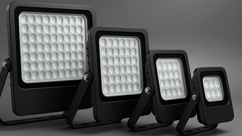 A collection of high-quality LED floodlights with different sizes and wattages