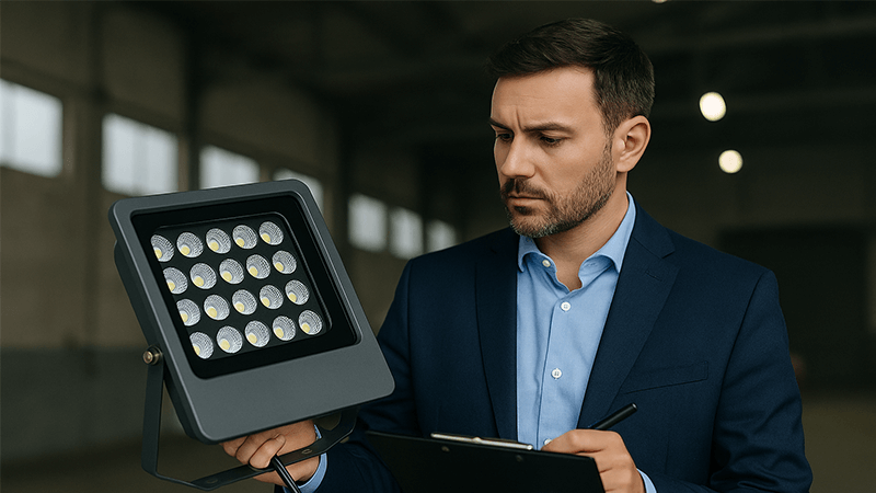 A purchasing manager inspecting an LED floodlight with a checklist