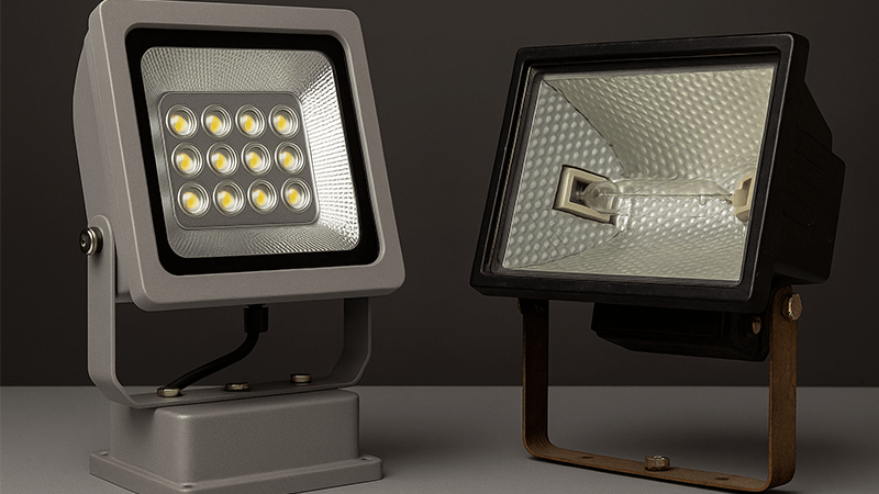 Side-by-side comparison of a modern LED floodlight and an old halogen floodlight