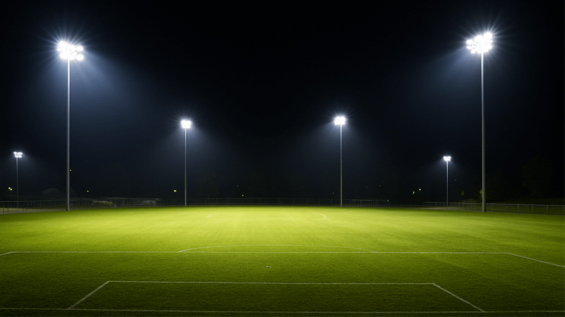 An illuminated sports field at night showing the power of high-wattage floodlights
