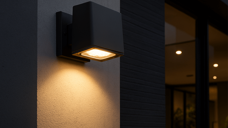 A well-proportioned outdoor light fixture on a modern building wall