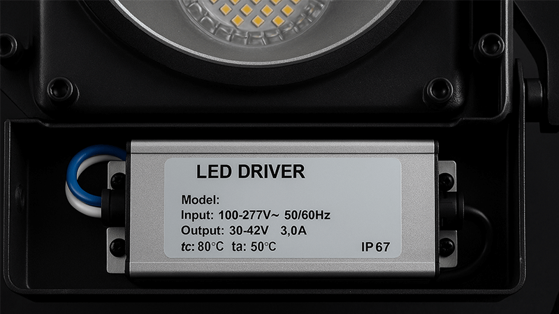 A close-up of an LED driver inside a high-power floodlight