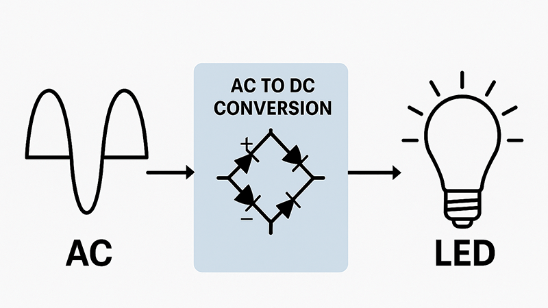 Diagram showing AC to DC conversion for an LED light