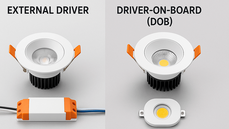Side-by-side comparison of an external driver and a Driver-on-Board (DOB) light