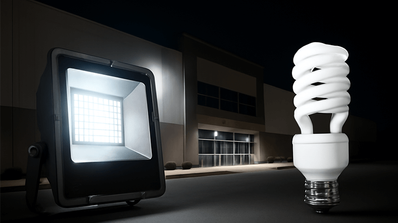 A high-lumen LED floodlight illuminating a large commercial building next to a small energy-saving CFL bulb