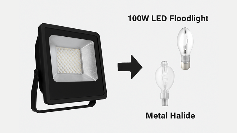 A graphic comparing a 100W LED floodlight to the larger, bulkier halogen and metal halide bulbs it replaces