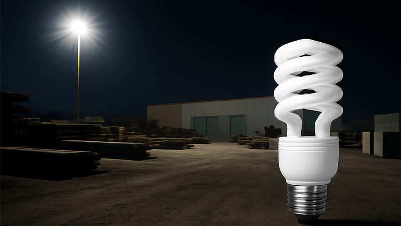 A small CFL bulb placed next to a large industrial yard, highlighting the mismatch in scale