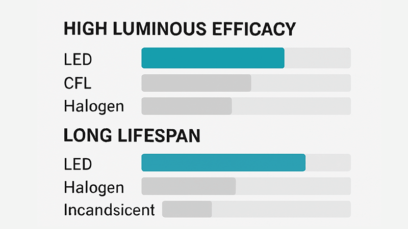An infographic showing the high luminous efficacy and long lifespan of an LED compared to other bulb types