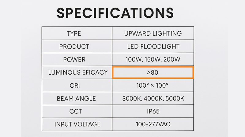 A specification sheet from a modern Upward Lighting LED floodlight showing a CRI>80 value