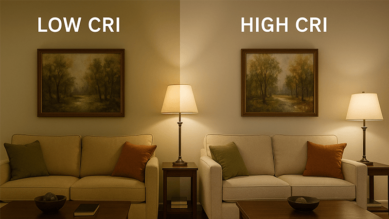 Two identical rooms, one lit with low CRI light and one with high CRI, showing the difference in clarity