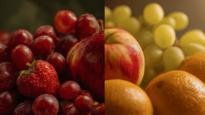 A comparison of fruit under low CRI and high CRI lighting