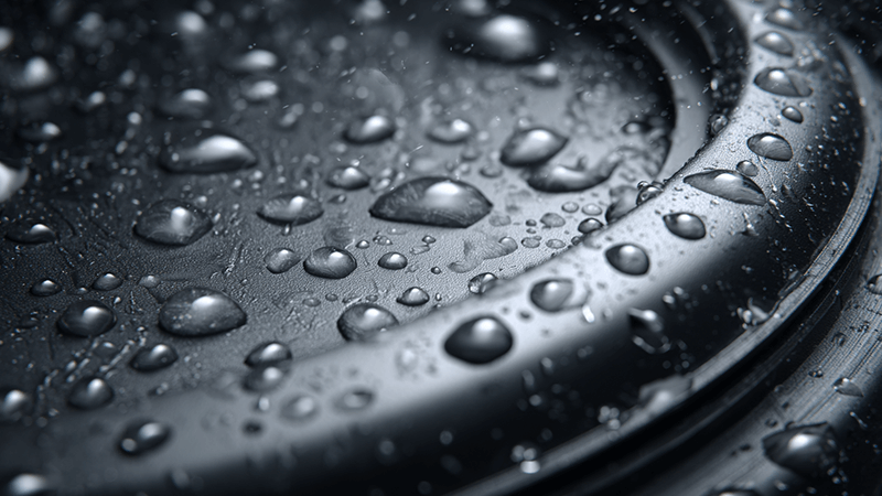 A close-up of a waterproof seal on an LED floodlight