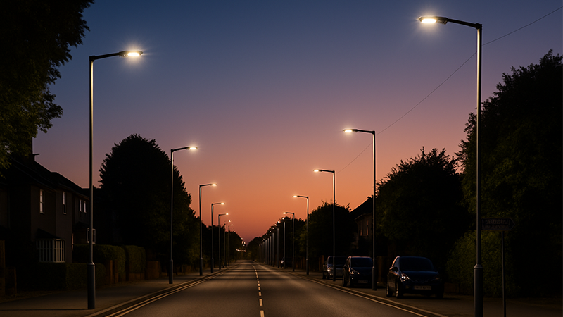 A city street at dusk with new LED streetlights casting a clear, even light