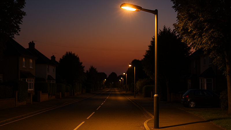 A well-designed LED streetlight on a residential road, providing warm and non-glaring light