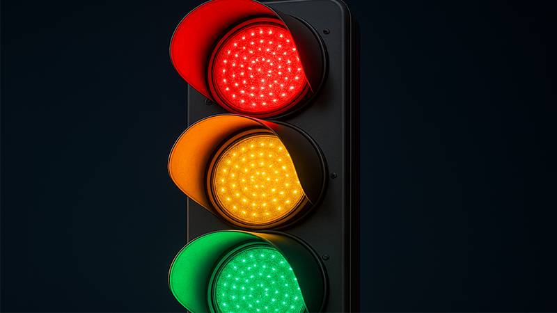 A close-up of an LED traffic light showing the bright red, yellow, and green signals