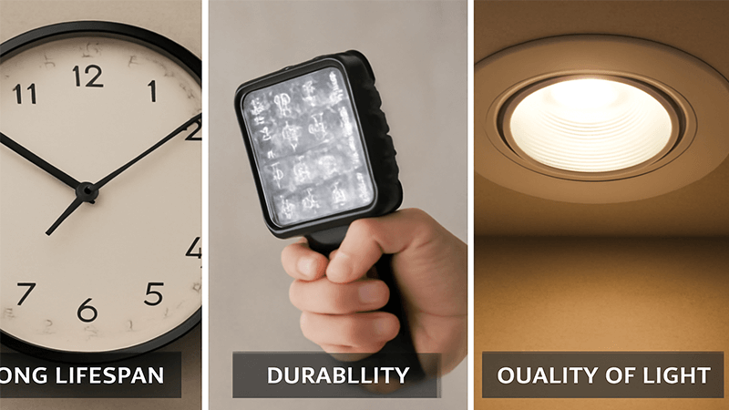 A collage showing the long lifespan, durability, and quality of light from LEDs
