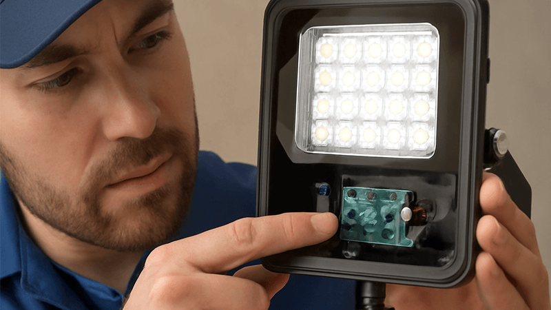 A technician inspecting the internal components of an LED floodlight