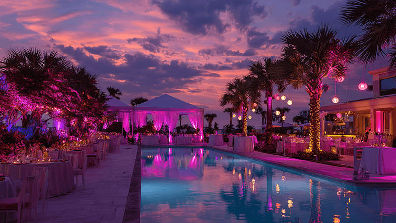 A hotel poolside area lit in vibrant pinks and purples for a special evening event