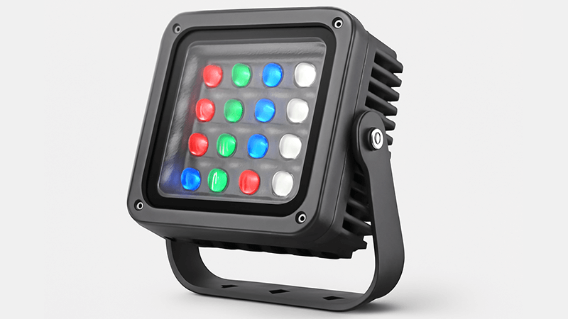 A close-up shot of a modern, durable RGBW LED floodlight fixture