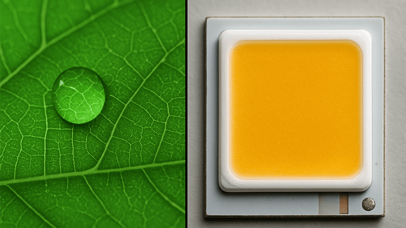 A split image showing a green leaf on one side and an LED chip on the other.