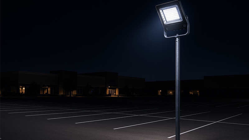 An LED floodlight mounted on a tall pole in a large parking lot.