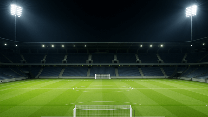A wide-angle shot of a sports stadium at night, perfectly illuminated by LED lights.