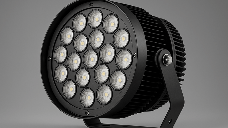 A close-up of an LED sports light with multiple lenses