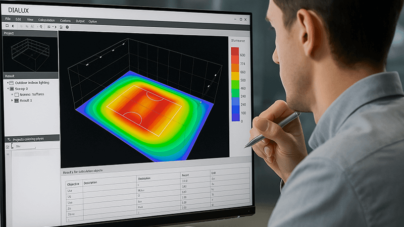 An engineer reviewing a DIALux lighting simulation on a computer screen
