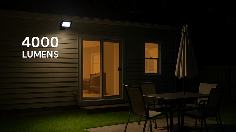 A 4000-lumen LED floodlight illuminating a residential backyard patio