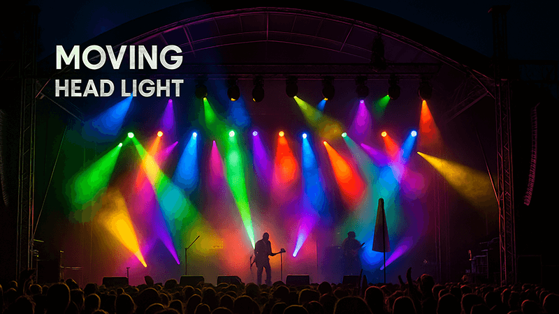 A stage at an outdoor music festival with colourful moving head lights