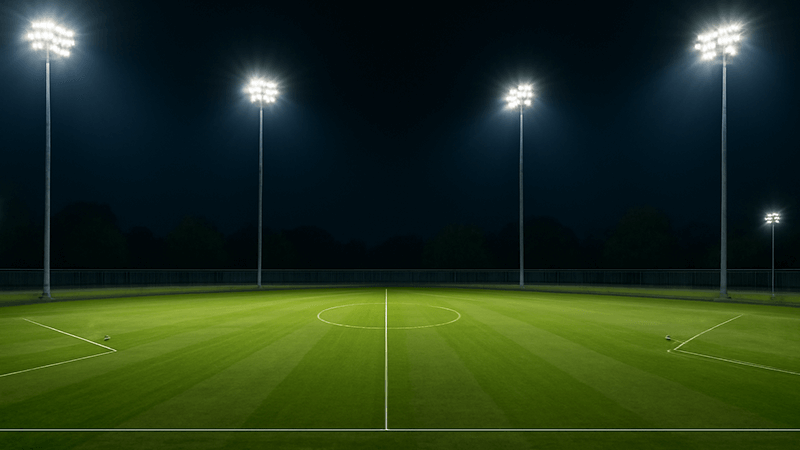 High-mast lighting towers surrounding a soccer stadium